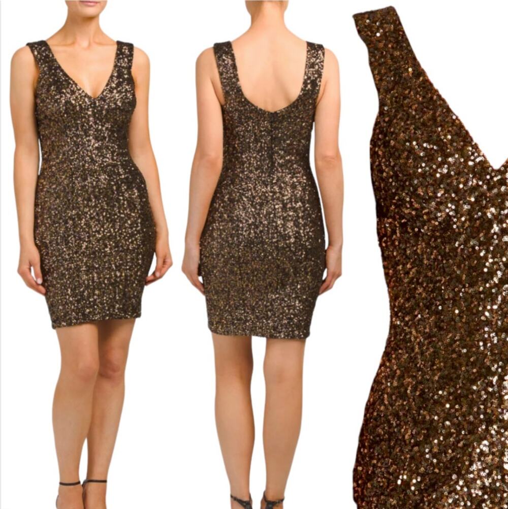 Dress the Population Sam Plunge Neckline Mini Bodycon Dress Bronze Black Small